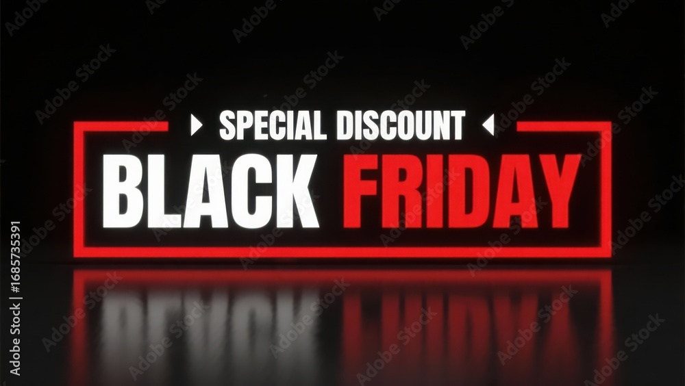 Fototapeta premium Modern Black Friday banner with bold special discount typography and red frame on black background.