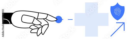 Robotic hand touches a circular interface leading to a digital plus sign and security shield with a fingerprint. Ideal for technology, innovation, healthcare, biometrics, AI, cybersecurity, progress