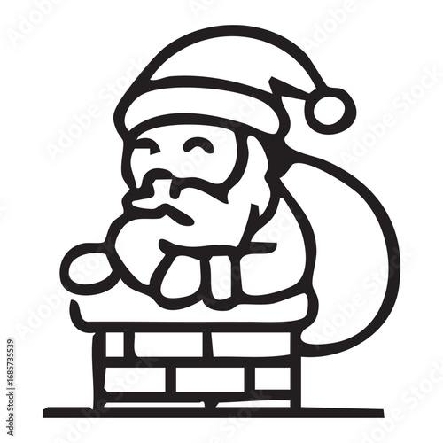 black and white outline icon of Santa Claus climbing into the house through the chimney