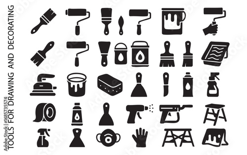 a set of icons of tools and materials for painting, decorating, and repairing.