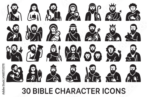 is a collection of black-and-white illustrations in the style of an icon, each depicting a religious or biblical figure. 