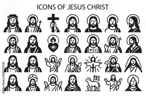 various black and white icons of Jesus Christ. Vector