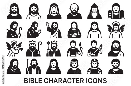 Collection of black and white figures of different biblical characters.