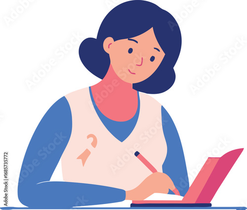 Young woman focused on writing and working on her laptop computer