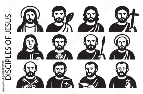 black and white figures of Jesus Christ and his disciples. Vector