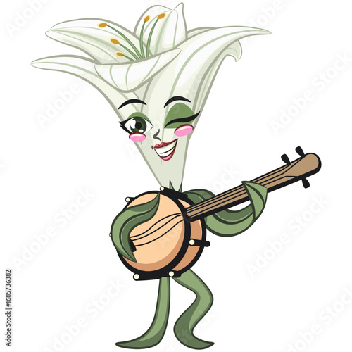 cute lily flower mascot cartoon vector illustration isolated playing the banjo musical instrumen, work of hand drawn