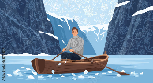 Solitude in winter, a man rowing on a tranquil lake surrounded by ice cliffs