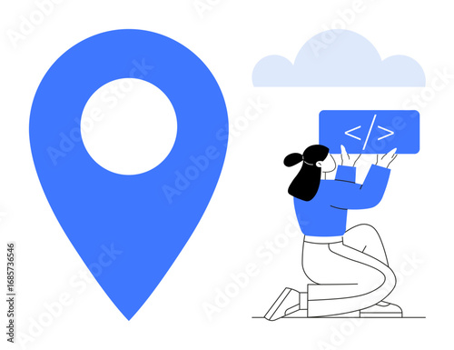 Location pin, cloud symbol, and developer working with code. Ideal for technology, geolocation, web development, cloud computing, GPS app design, programming simple landing page