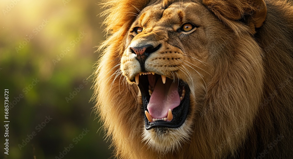 Fototapeta premium Close of a roaring lion symbolizing Christ Jesus, the Lion of the tribe of Judah
