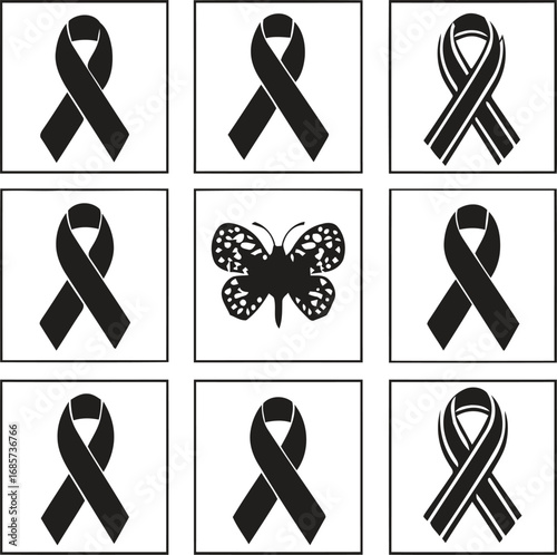 Symbolic black ribbons and butterfly representing awareness and support for causes