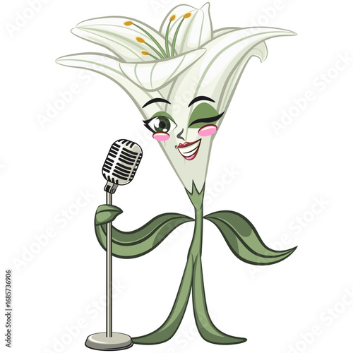 cute lily flower mascot cartoon vector illustration isolated on front of the mic, work of hand drawn