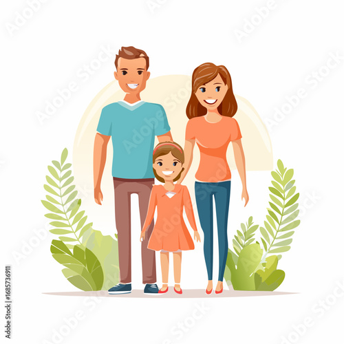 A joyful illustrated portrait of a loving family, featuring happy parents and their smiling daughter, embodying warmth, unity, and a harmonious household bond with cheerful expressions