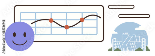 happy face icon next to a curved data graph with nodes and a modern mall silhouette. Ideal for retail analytics, trends, performance, data visualization, happiness metrics, consumer insights, simple