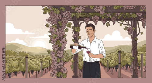 Cartoon illustration of sommelier pouring wine in a vineyard with grapes