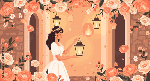 Romantic illustration of a woman holding a lantern in a floral garden setting