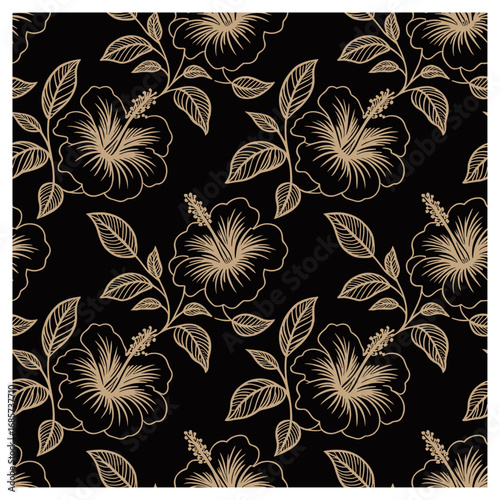 Golden Hibiscus Elegance" features beautifully outlined hibiscus flowers in soft gold, set against a deep black background. The intricate floral details and symmetrical layout evoke sophistication.
