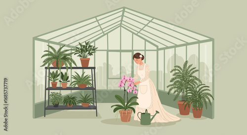 A woman in a greenhouse, attending to her indoor garden filled with lush foliage