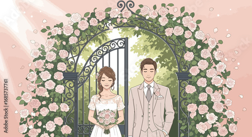 Romantic cartoon illustration of a wedding couple under an archway of pink roses