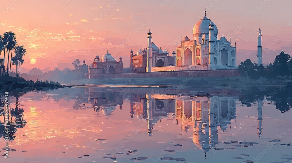 Fototapeta premium Taj Mahal at Sunset Reflected in Yamuna River, Agra, India