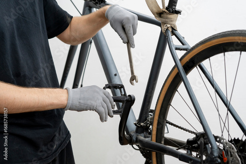 A person is carefully securing a screw onto a bicycle pedal with a wrench in a well-lit workshop