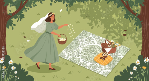 Whimsical afternoon illustration: A serene picnic with a flower-adorned woman