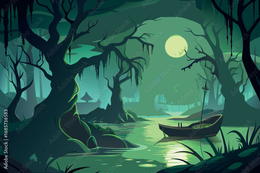 Ταπετσαρία Eerie swamp landscape with moonlit boat