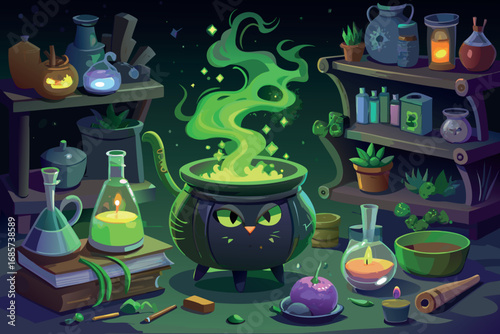 Witch s cauldron bubbling with green magic potion