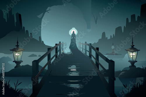 Mysterious figure on a lantern lit bridge at night