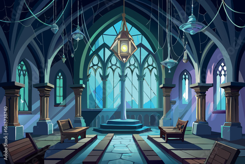 Mysterious gothic hall with stained glass windows