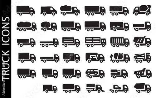 set of black Vector truck icons on a gray background