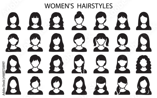 a collection of icons representing different hairstyles for women.