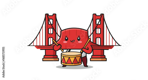 Cartoon golden gate bridge playing drum