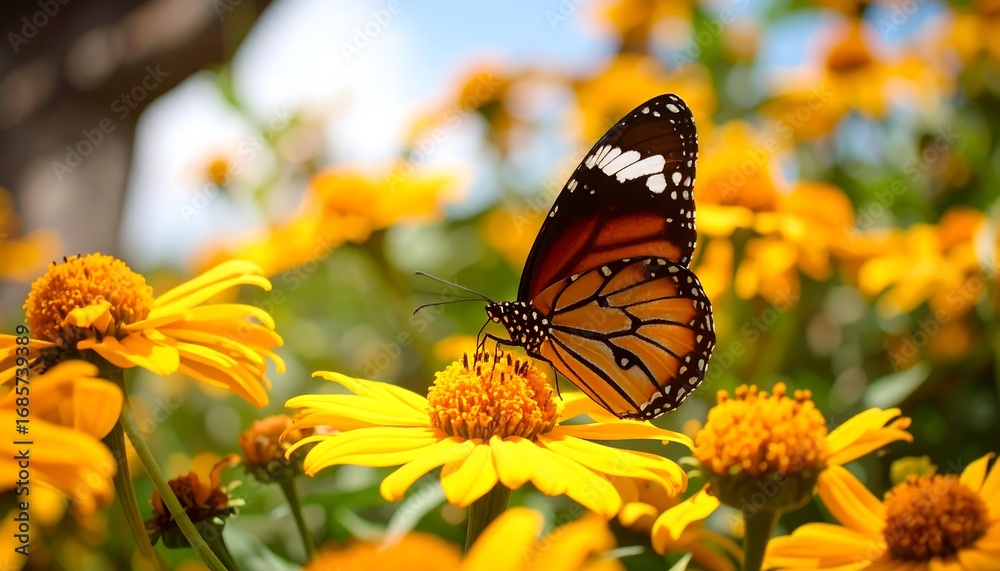 Obraz premium Butterfly on vibrant yellow flowers