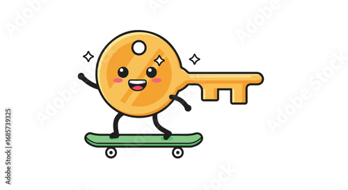 Cartoon key character riding a skateboard