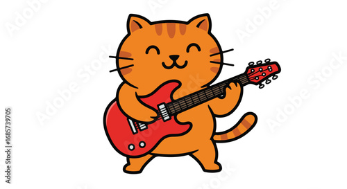Cartoon orange cat playing red electric guitar