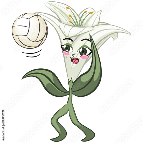 cute lily flower mascot cartoon vector illustration isolated serve volleyball, work of hand drawn
