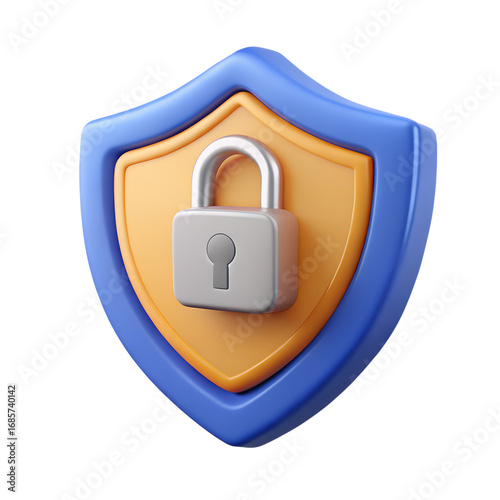 3D isometric security shield with encryption elements, white background.