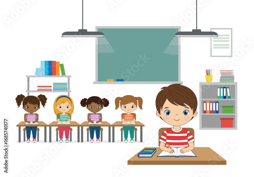 Children learning together in a bright classroom environment with books and a teacher guiding them