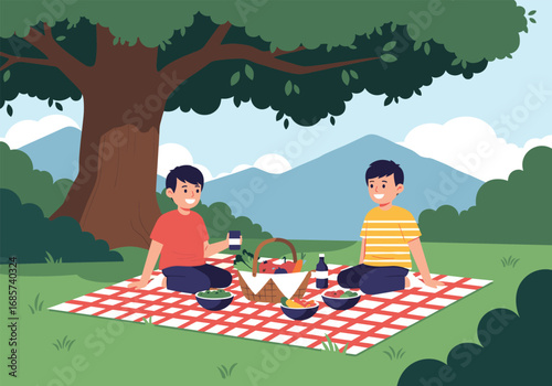 Enjoying a pleasant outdoor picnic gathering with friends under a large tree