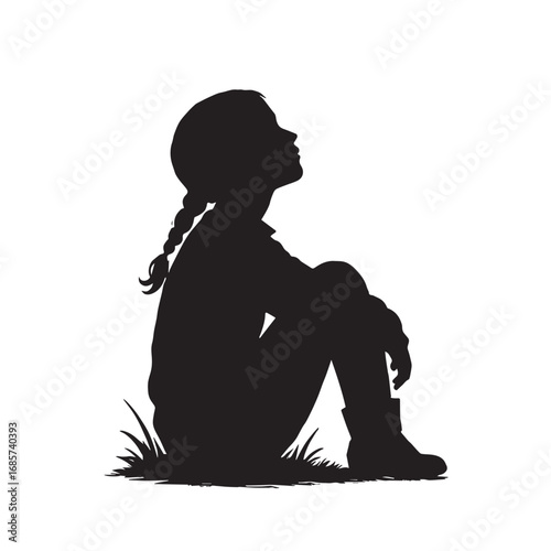 Silhouette of a girl sitting and looking up isolated on white background