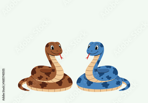 Two adorable cartoon snakes one brown and one blue face each other