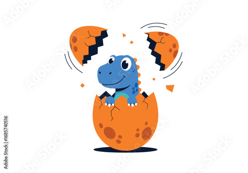 Adorable blue baby dinosaur hatching from bright orange cracked egg