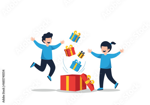 Excited children discovering wonderful gifts bursting from a bright red present box in celebration