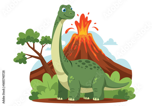 Adorable cartoon brontosaurus dinosaur standing near a volcano and trees