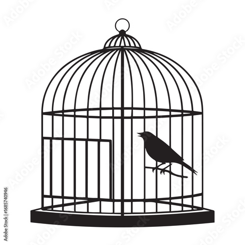 Illustration of a birdcage with a bird isolated on white background