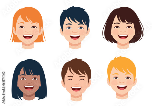 Collection of happy diverse children faces with different hair colors and skin tones