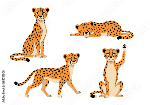 Collection of four diverse cheetah poses for artistic and educational purposes