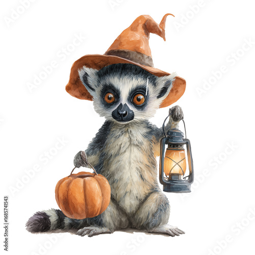 Halloween celebration, ghosts, Halloween lemur, Halloween greeting cards, pumpkin, candy, Halloween watercolor card, watercolor animals,funny Halloween animals