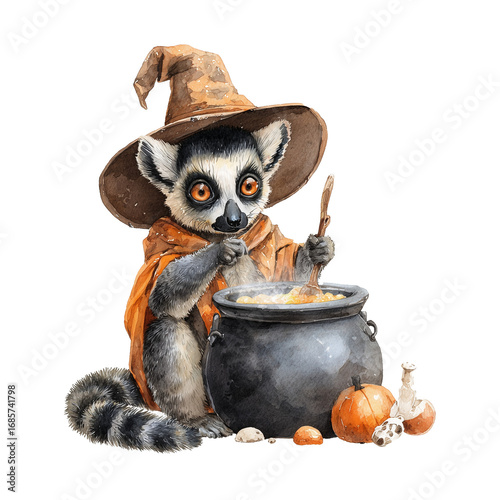 Halloween celebration, ghosts, Halloween lemur, Halloween greeting cards, pumpkin, candy, Halloween watercolor card, watercolor animals,funny Halloween animals