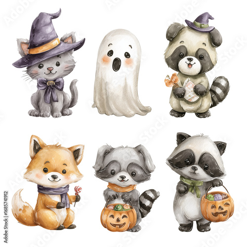 Halloween celebration, ghosts, Halloween lemur, Halloween greeting cards, pumpkin, candy, Halloween watercolor card, watercolor animals,funny Halloween animals